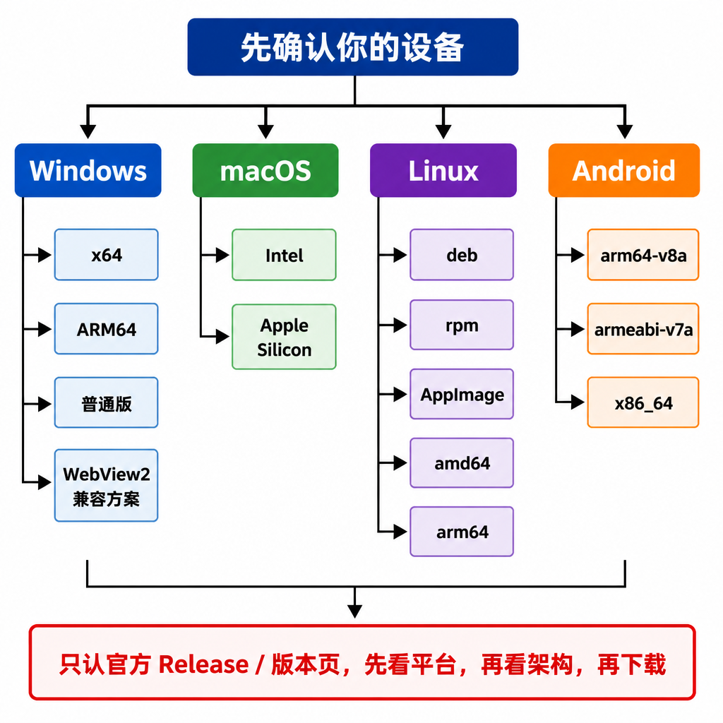这张图是一个下载选包决策树,按 Windows、macOS、Linux、Android 逐步判断平台、架构和安装形态,并提醒只认官方 Release。