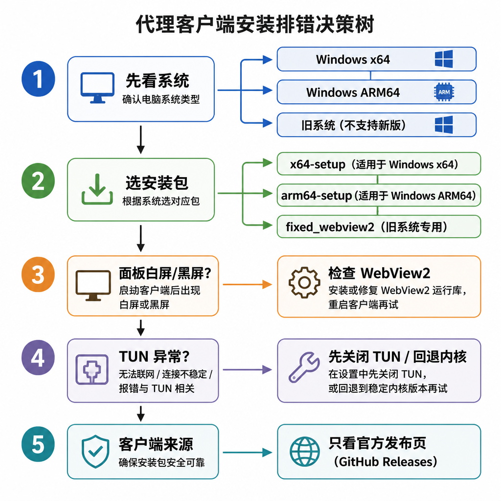 这张图展示了代理客户端安装时的排错顺序:先确认系统架构,再选对应安装包;面板白屏先检查 WebView2;TUN 异常先关闭 TUN 或回退内核;下载只看官方发布页。
