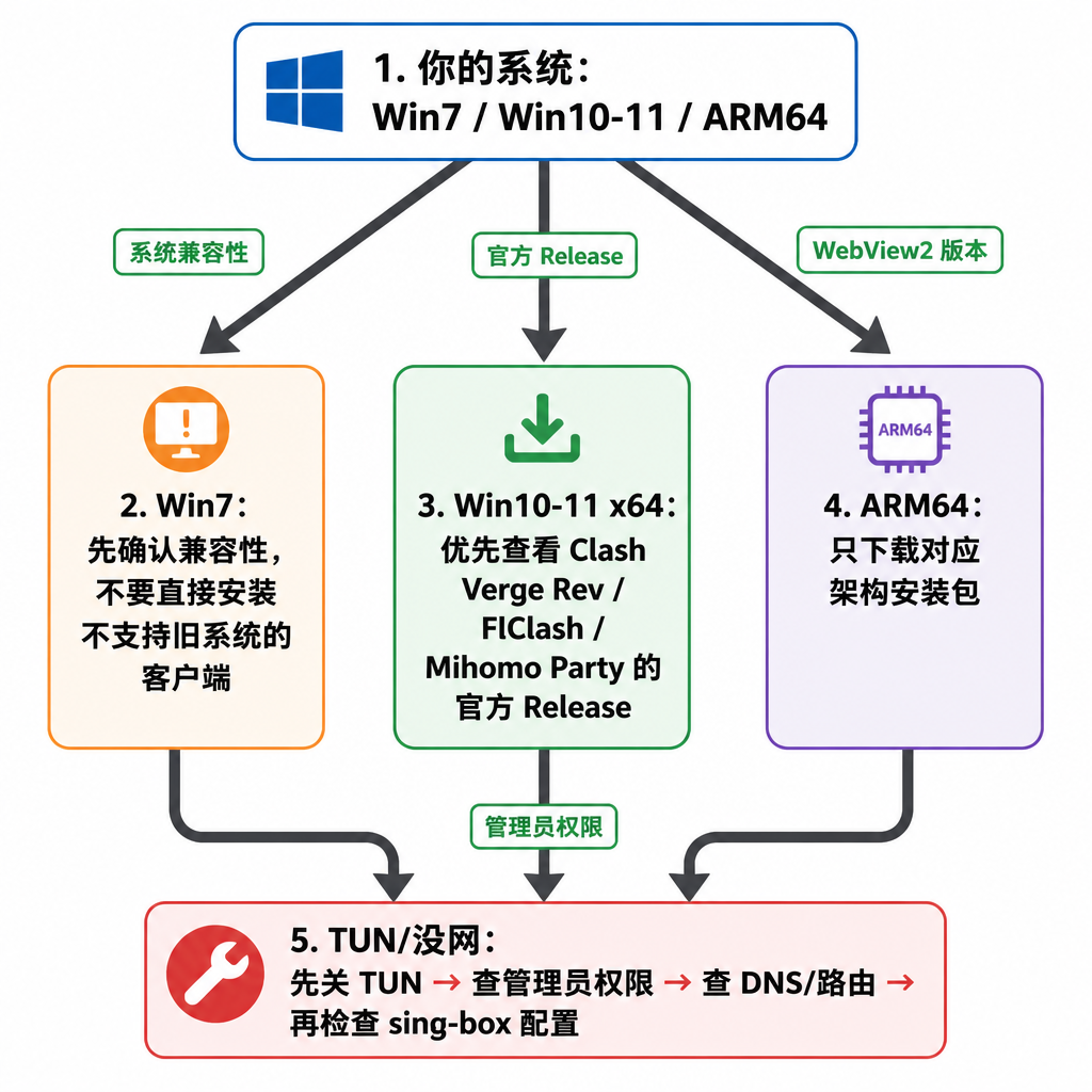 这张图用决策树告诉 Windows 新手应该先按系统版本、架构和 TUN 排错顺序选择客户端,并优先查看官方 Release。
