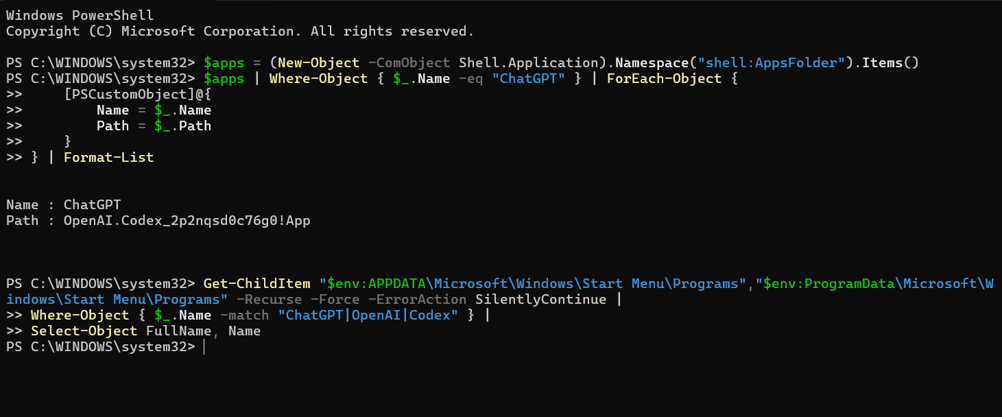 PowerShell 查询到 ChatGPT 的 AppsFolder 注册入口